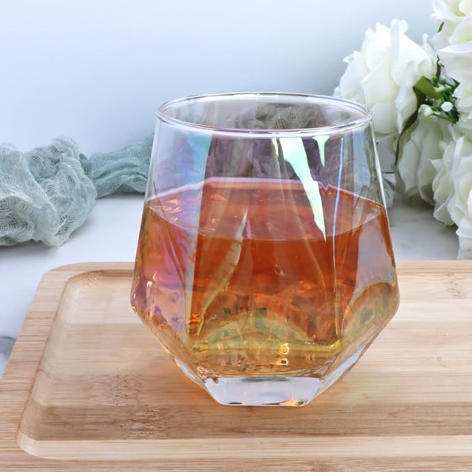 Diamond Wine Glasses Set of 8, Iridescent Stemless Wine Glass 10oz | Geometric Christmas Red Wine Glassware, White Wine Party Glass Cups, Bourbon, Whiskey, Wedding