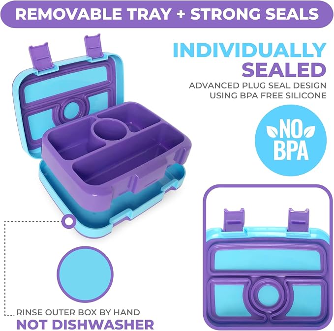 kinsho Bento Lunch Box for Kids Toddlers, 4 Portion Sections Secure Lid, Microwave Safe BPA Free Removable Tray, Pre-School Kid Daycare Lunches Snack Container Ages 3 to 5 Blue Purple