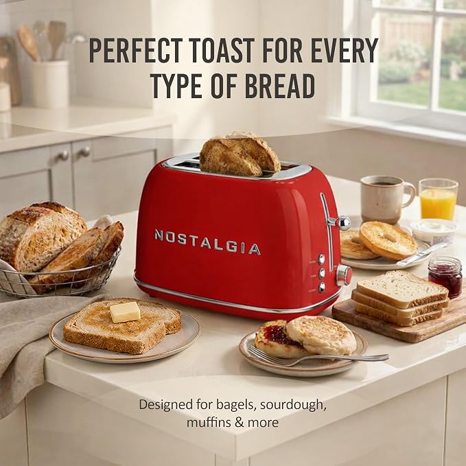 Nostalgia Classic Retro 2-Slice Toaster- Vintage Design- Enamel Coated Steel Body- Wide Slots for all Breads- Crumb Tray, Cord Storage- Defrost,Cancel and Bagel Function & 6 Toasting Levels- Red