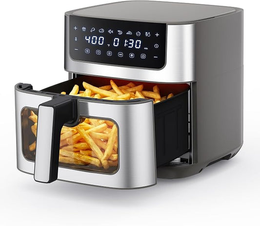 NEWBULIG Air Fryer 6.34QT Airfryer with Visible Window 400℉ Fast Heating Stainless Steel Air Fryers Oven with Nonstick and Dishwasher-Safe Basket 8-in-1 Cooking Preset with Timer Auto-Off