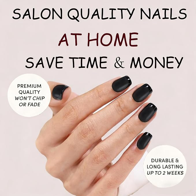 Press On Nails,Black,Short Square,Glossy French Tips With Matte | Salon-Quality Natural Nails, 10-Minute Easy Daily Application,2+ Weeks Wear, Fast Removal, 16 Sizes, All-in-One Complete Kit