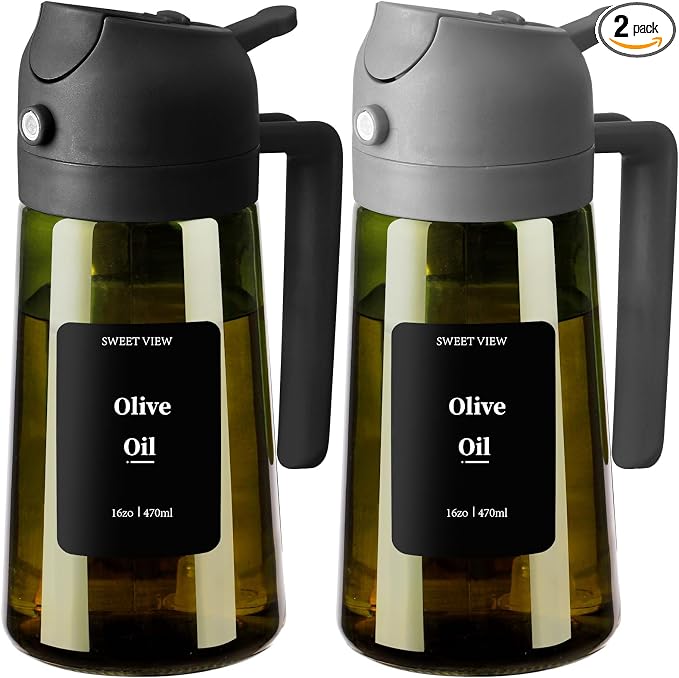 SWEET VIEW 2PCS Olive Oil Dispenser and Oil Sprayer | 16oz/470ml Glass Light-Proof Oil Pourer for Kitchen Air Fryer, Cooking, Salad, and BBQ, with Stickers