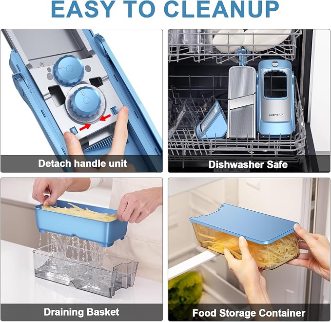 SupMaKin Upgrade Safe Mandoline Slicer,Multi Vegetable Chopper,Potato Slicer, Onion Chopper with Drain Basket Storage Container, Cheese Grater Kitchen Chopping Artifact (BlueGray)