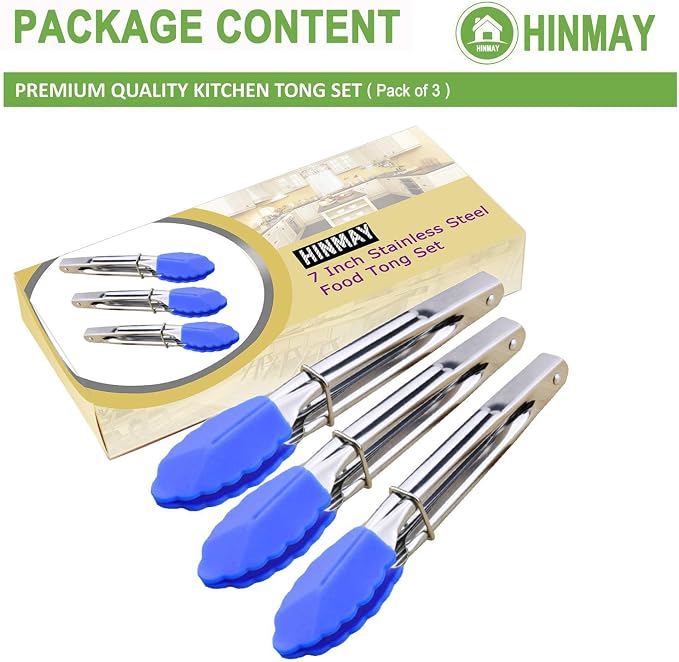 HINMAY Small Tongs with Silicone Tips 7-Inch Serving Tongs, Set of 3 (Blue)