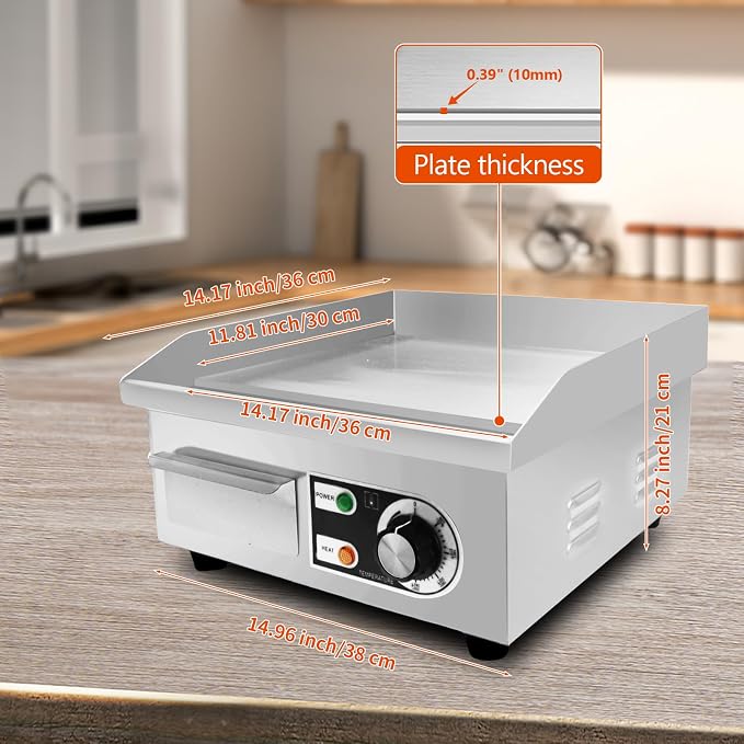 14" Commercial Electric Griddle,Electric Countertop Flat Top Griddle,110V 1500W Electric Flat Top Grill,Non-Stick Restaurant Teppanyaki Stainless Steel Grill,Adjustable Temperature Control