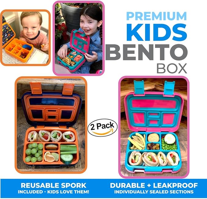 kinsho Bento Lunch Box Container for Kids Boys, 2 Pack (Unicorn Dinosaur) | 5 Portion Sections, BPA-Free Spill-Proof Leakproof Removable Plastic Tray, Snacks and Lunches for Toddlers Pre-School Daycare