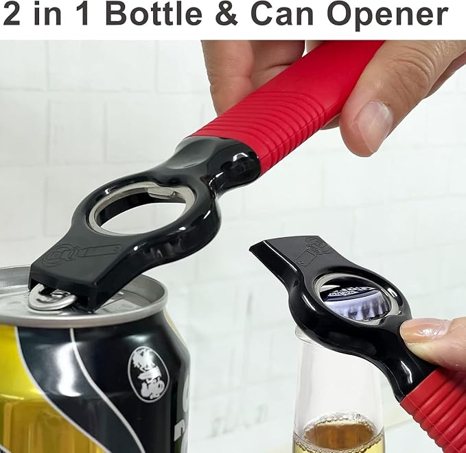 2-in-1 Soda Can Tab & Beer Bottle Opener, Red, 2-Pack | Easy pull tab opener with soft silicone handle protects nails & arthritic hands. Great for bars, picnics, and outdoor events