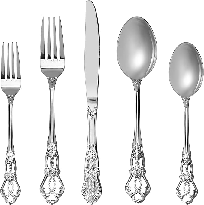 Runfly Gorgeous Retro Royal Silver Stainless Steel 20-Piece Flatware Set | Silverware Set for 4, Anti-rust Cutlery Set Utensils Kitchen Including Fork Spoon and Knife