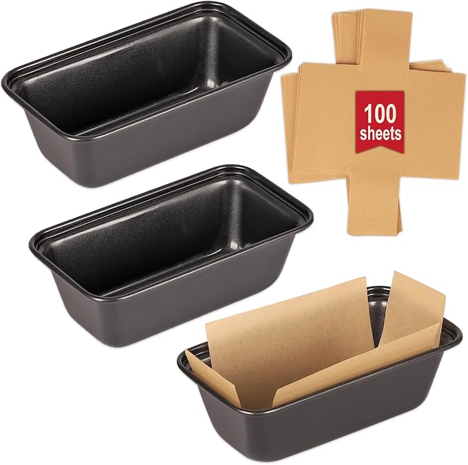 3 PCS Mini Loaf Baking Pans Set, 6 x 3.3 x 2 Inch Carbon Steel Rectangle Bakeware with 100 Parchment Liners for Baking Toast, Cakes, Small Banana Breads, Black Gray Colors