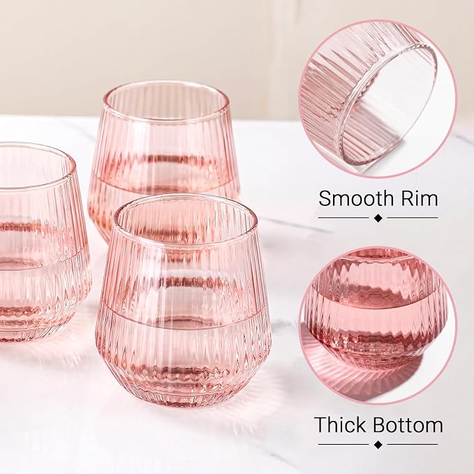 Pink Stemless Wine Glasses Set of 6, 12.5 Oz Lead-Free Ribbed Drinking Glass Cup for Wine, Cocktails, Champagne and Whiskey, Ideal Gifts for Weddings, Bars, Christmas, Halloween,Party, Daily Use