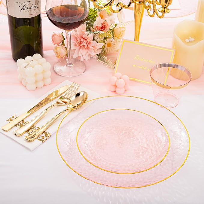 DaYammi 350PCS Clear Pink Plastic Dinnerware Set for 50 Guests, Hammered Disposable Plates for Party, Include: 50 Dinner Plates, 50 Dessert Plates, 150 Gold Silverware, 50 Napkins, 50 Cups