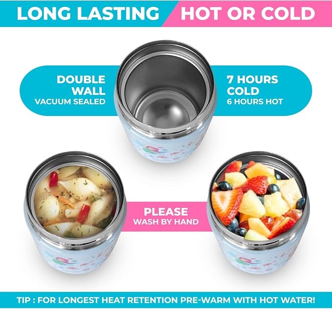 kinsho Bento Lunch Box Set with Thermo, Bag & Ice Pack, Pink Fairy Princess | 5 Compartments, Removable Tray, Small Meal Snack Container Girls Toddlers, Daycare Pre-School Kindergarten, Steel Food Jar