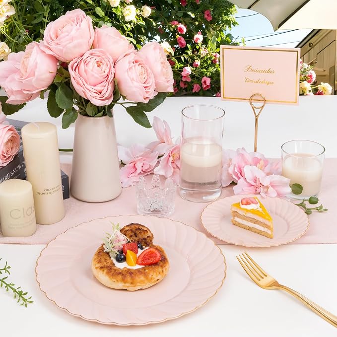 YOUBET 125PCS Pink Plastic Plates with Gold Rim for Wedding Birthday Party | Scalloped Plastic Plates Set Includes 25 Dinner Plate, 25 Dessert Plate, 75 Gold Silverware for 25 Guests Baby Shower