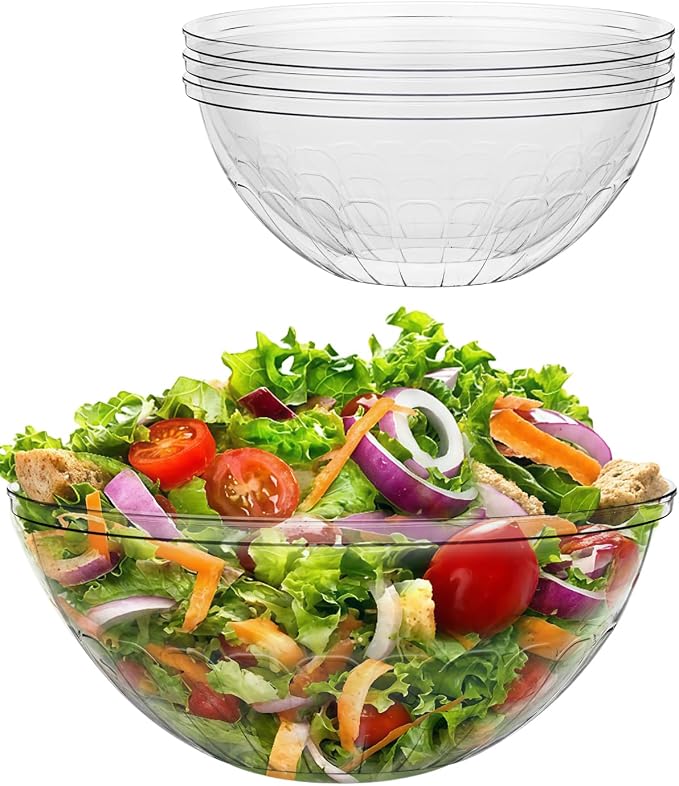 BESTVIP 150 Oz Clear Plastic Serving Bowls, 4 Pack | 11.6-Inch Disposable & Reusable Bowls for Salad, Snacks, Chips & Candy, Stackable for Parties, Holidays & Meal Prep