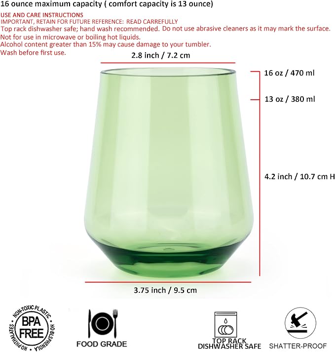 KX-WARE Unbreakable 16-ounce Acrylic Stemless Wine Glasses All Purpose Plastic Tumbler, set of 6 Multicolor Dishwasher Safe BPA Free Classic Style
