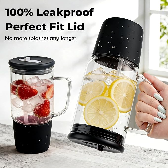 40oz Glass Tumbler with Flip Straw Lid, Handle, Silicone Sleeve, Black | Leakproof Lid, Fits Car Cup Holder Glass for Iced Coffee, Water, Cold Drinks, Travel, Outdoor, Partys&Home
