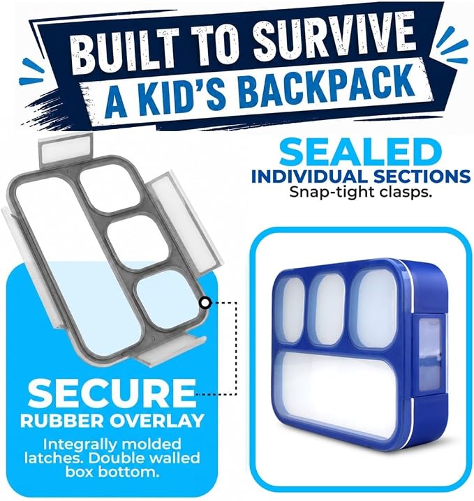 kinsho Bento Box for Kids Lunch-Boxes for Adults | Portion Snack Containers for Boys Toddlers Pre-School Daycare Work Lunches BPA Free | 4 Compartments, Gray Blue, 2 pack