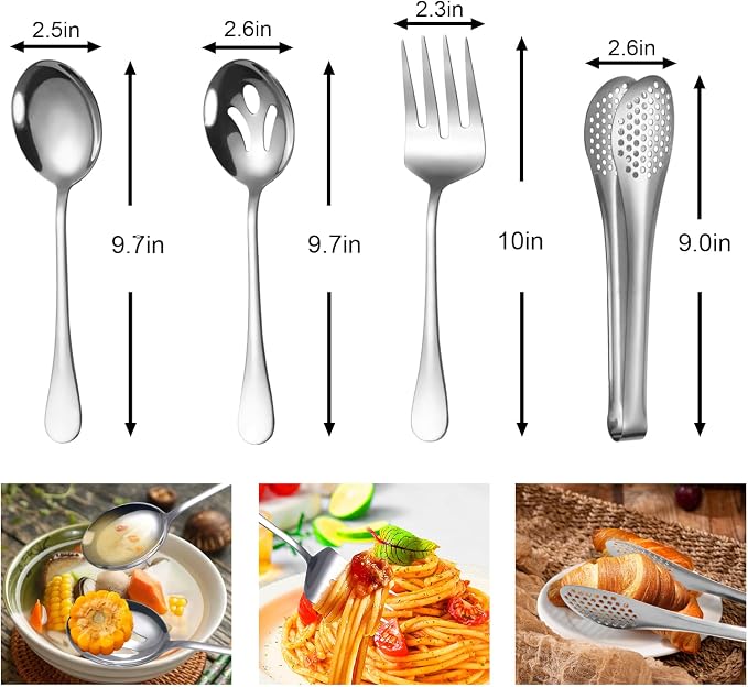 Large Serving Utensils,12 Pcs Stainless Steel Serving Set with Serving Spoons,Serving Fork,Serving Tongs,Polished Serving Utensil Set for Buffet Parties Home,Dishwasher Safe