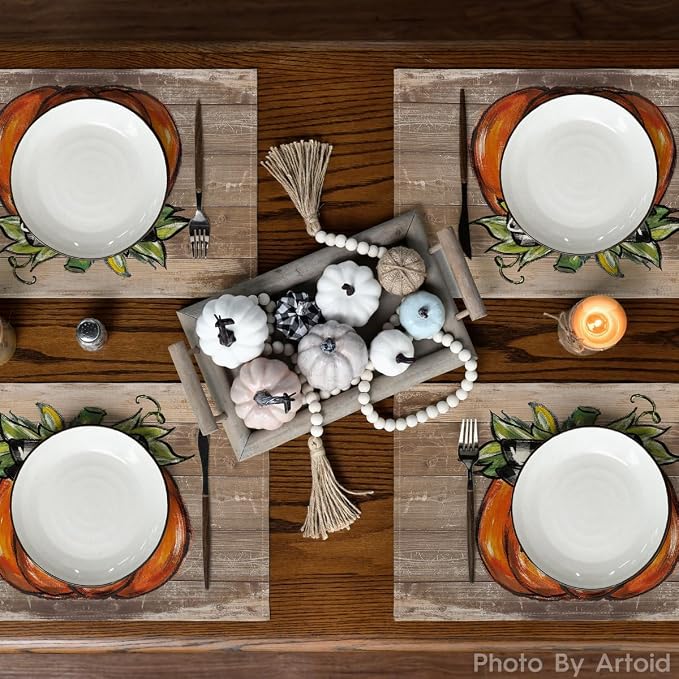 Artoid Mode Wood Pumpkin Bowknot Fall Placemats Set of 4-12 x 18 Inch | Heat-Resistant Table Mats, Washable Seasonal Autumn Kitchen Dining Decor