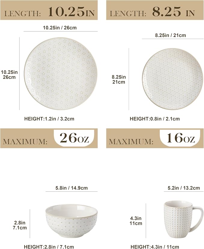 MALACASA 16 Pieces Dinnerware Set, Farmhouse Style Stoneware Plates and Bowls Sets for 4, Embossed Boho Ceramic Dish Set with Mugs, Microwave & Dishwasher Safe, Series LYDIA