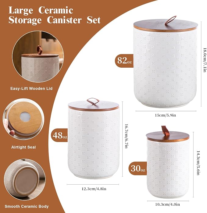 Mowtanco Embossed Ceramic Canister Set with Airtight Bamboo Lid | 30/48/82 oz White Ceramic Kitchen Jar Set, Countertop & Pantry Organization for Coffee, Sugar, Flour, Tea & Snacks