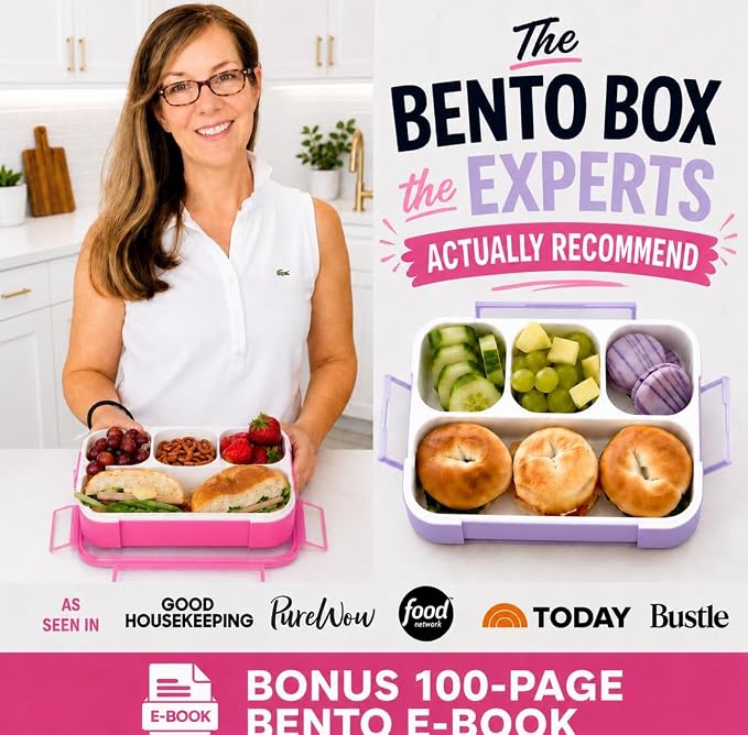 kinsho Bento Box Lunch Boxes for Kids Adults with Utensils, Pink & Purple | Meal & Snack Containers with 4 Divided Portion Compartments, Leak Proof School Work Travel Toddler Daycare BPA Free