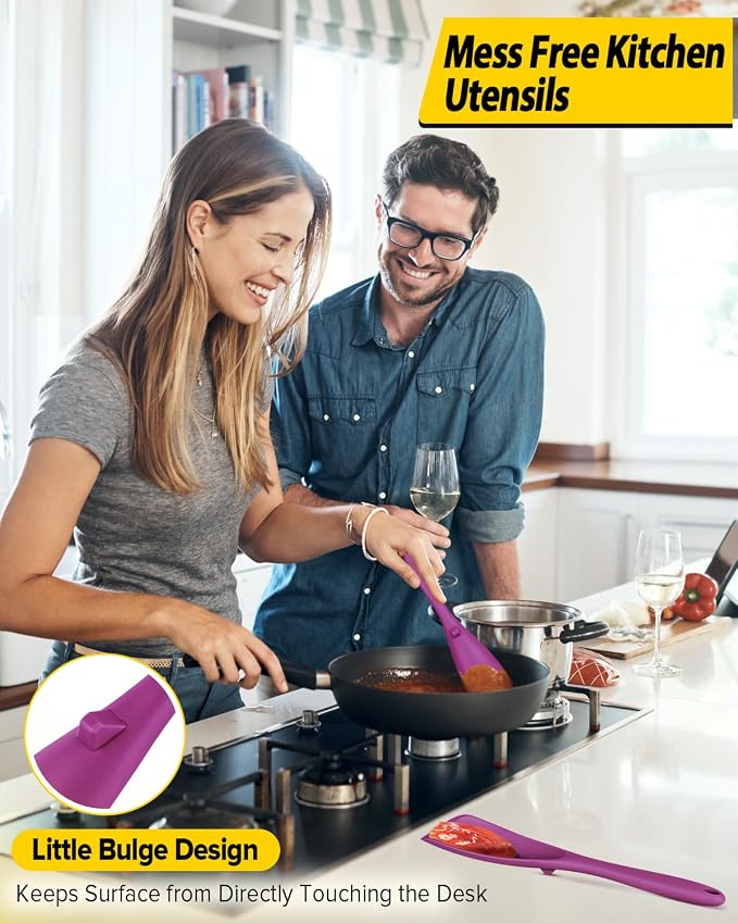 Pack of 2 Cooking Spoons for Non Stick Cookware, Multifunction Spatula Spoon BPA-Free, One-Piece Design, Suitable for Scooping, Scraping, Serving and Mixing (PINK-PURPLE)