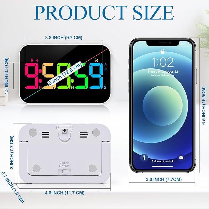 Kitchen LED Digital Timer Rechargeable, RGB Count Down Up Digital Timer with Vioce Reminder for Kitchen Classroom Cooking Study, Vibration Mode 3 Level Adjustable Volume and Brightness
