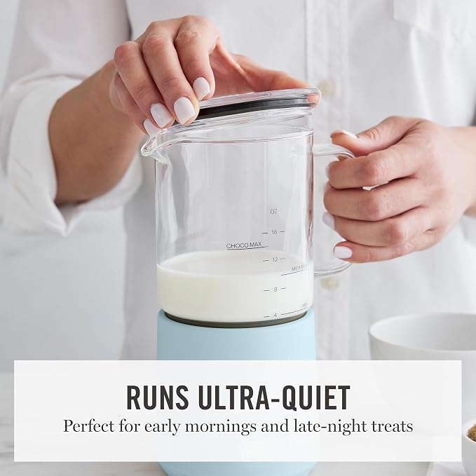 Martha Stewart 10oz Milk Frother & Steamer, 4 Presets, 300ml Glass Pitcher | Light, Dense, Cold Foam & Hot Chocolate, Ready in 90 Seconds, Cordless Pouring, Runs Quiet, Almond, Soy & Oat Milk, Sky Blue