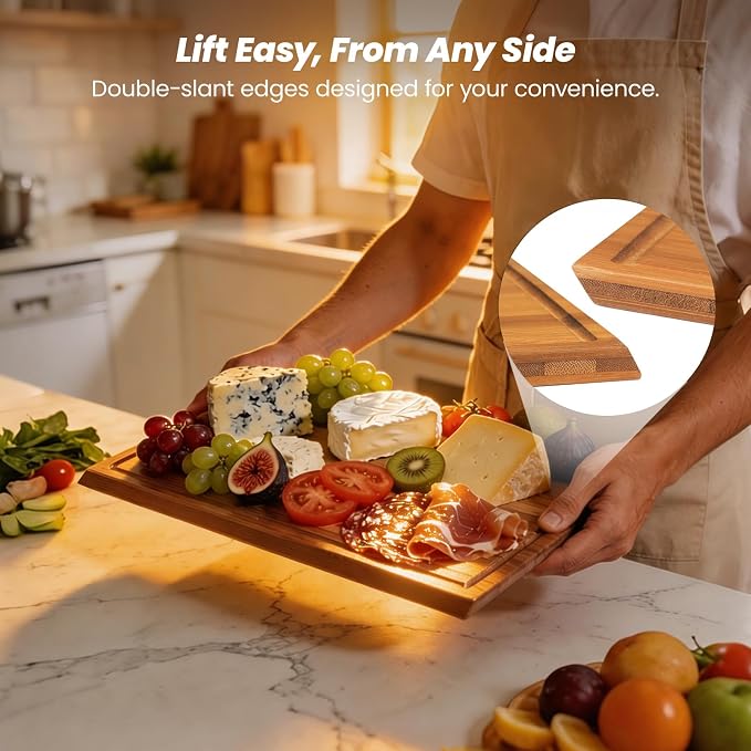 Bamboo Cutting Board for Kitchen, Double-Sided with Stand, Brown | 3-piece Chopping Board Set With Juice Grooves, Vertical Storage Rack, and Comfort Side Handles for Effortless Meal Prep