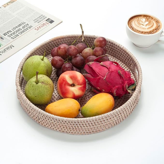 14" Round Rattan Tray, Hand Woven Serving Tray with Handles, Wicker Serving Basket, Decorative Tray for Home Decor, Whitewash
