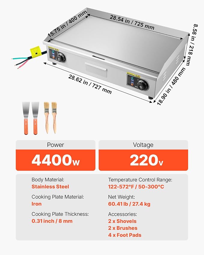 VEVOR Commercial Electric Griddle, 28.54 x 15.75 in, 4400W, 122-570°F Adjustable Temp Control, Stainless Steel Countertop Full Flat Top Grill with 2 Spatulas, 2 Brushes, for Steak, Pancake(NO PLUG)
