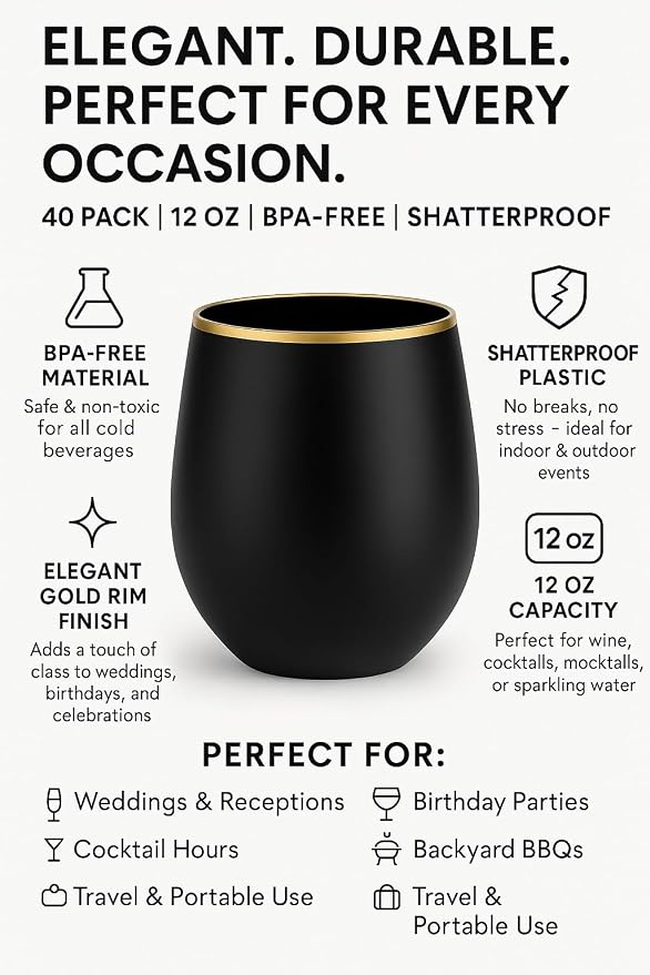 40 Pack Disposable Plastic Wine Glasses 12 oz Black Gold Rim Matte Cups | Stemless Cocktail Champagne Whiskey, Shatterproof BPA-Free Unbreakable Reusable, for Wedding Birthday Party Outdoor Events