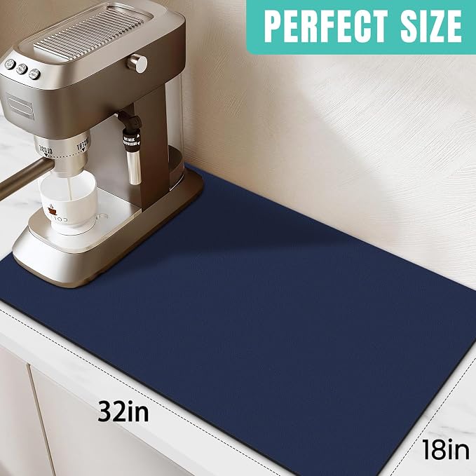 Coffee Mat Super Absorbent Dish Drying Mat Coffee Bar Mat 18"x 32", Blue | Match with Coffee Machine Accessories Large Drying Mats for Kitchen Counter