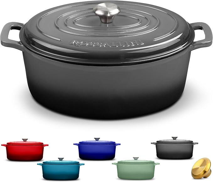 Signature Enameled Cast Iron Oval Dutch Oven | Non-Stick Serving Pot with Tight Fitting Lid for Perfect Roasting, Baking, Sauteing, and Bread Making | 5Q [Oyster Grey]