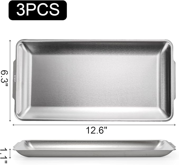 3 Packs 304 Stainless Steel Serving Platters, Rectangle Metal Dinner Plates with Handles, Decorative Organizer Trays for BBQ, Dining, Party, Buffet, Appetizer Serving(12.6" x 6.3")