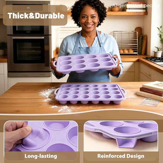 Silicone Muffin Pan Set: Non Stick 12 & 24 Silicone Muffin Pans for Baking | Easy Release - Complete Shaping Each Use Avoid Re-baking - BPA-free Cupcake Tin Reinforced Frame for Oven Home Bakers Vnray