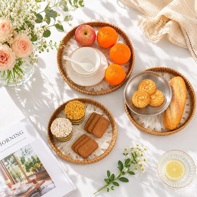 Round Rattan Serving Trays, Set of 3, White Leaf | Coffee Table Trays, Decorative Wicker Trays, Bread and Fruit Display, Ottoman Tray Set, Leaf Pattern