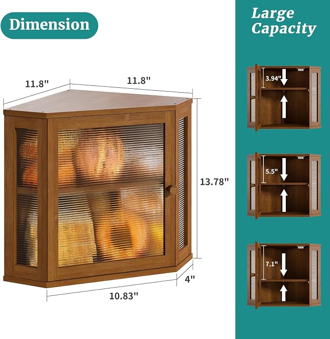 Corner Bread Box, Bamboo Bread Box for Kitchen Countertop, 2 Tier Wooden Bread Storage, Brown