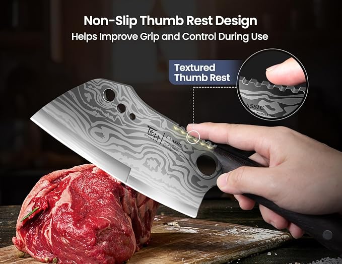 Meat Cleaver Chef Knife with Sheath, 7.7 Inch Butcher Knife | Chopping Knife with Herb Stripper, Heavy Duty Bone Cutting, Damascus Pattern Full Tang Wood Handle, Birthday Gift for Men