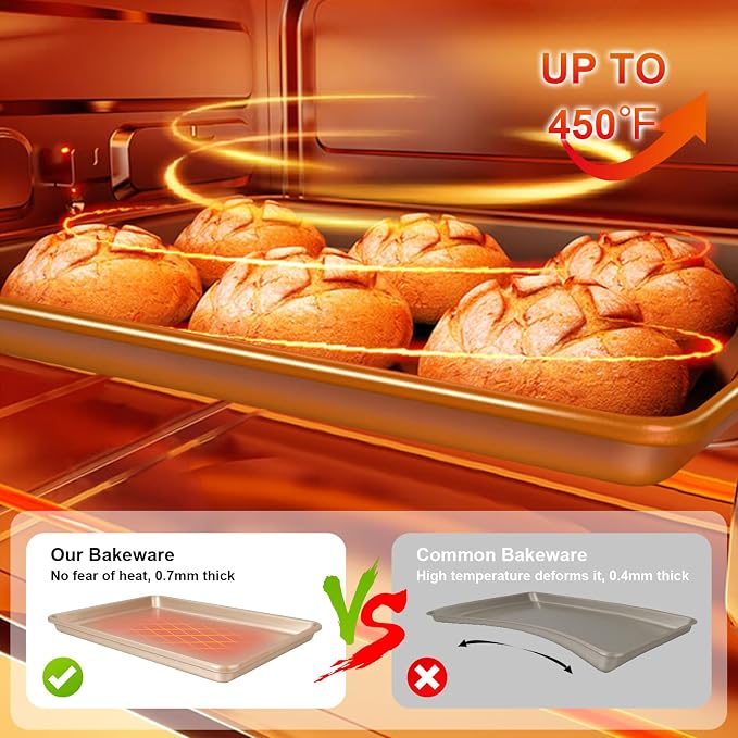 Baking Sheet Pan Set of 3, Nonstick Commercial Cookie Sheets for Baking | Commercial Half/Quarter/Jelly Roll Pans Replacement Toaster Oven Tray, Heavy Duty & Easy Clean