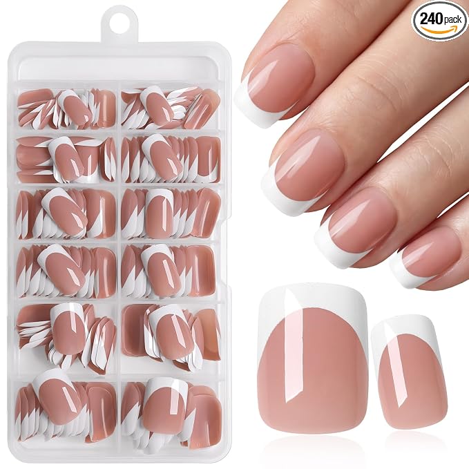 240pc White French Tip Press on Nails Short Square Acrylic Nail, Coffee Press ons Fake Nails with Glue, 12 Sizes Glue on Nails Short Press on Nail Round Square Artificial Stick on Nail for Women