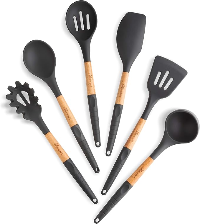 Silicone Cooking Utensils Set 6 Piece – Heat Resistant up to 480°F, BPA Free & Non-Scratch Kitchen Tools with Natural Wood Handles, Dark Gray
