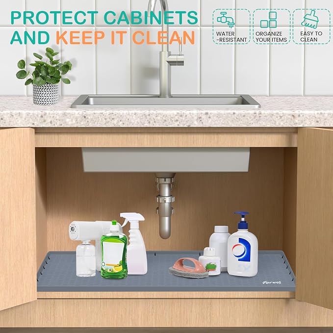 Silicone Under Sink Mat, 31"x22", Waterproof Cabinet Liner, Grey | Shelf Liner, Cabinet Protector, Home Organizer, for Kitchen, Bathroom, Multipurpose, Leak Proof, Easy Clean, Drip Tray, Clean