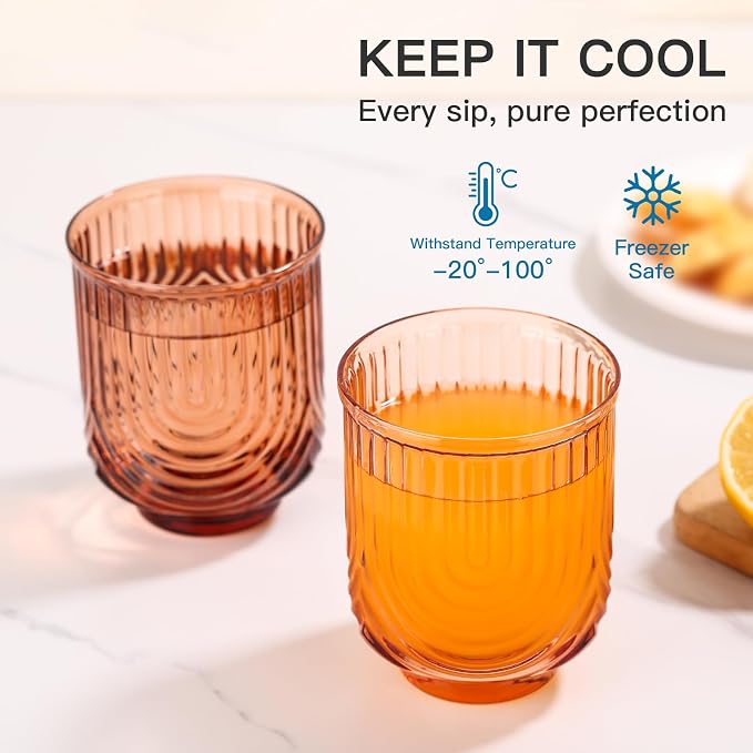 JOVGANK Amber Vintage Drinking Glasses Set of 6-14Oz Brown Glass Drinking Glasses, Art Deco Ripple Highball Glass, Whiskey Cocktail Glasses for Bar Coffee Juice, Housewarming and Mother's Day Gift