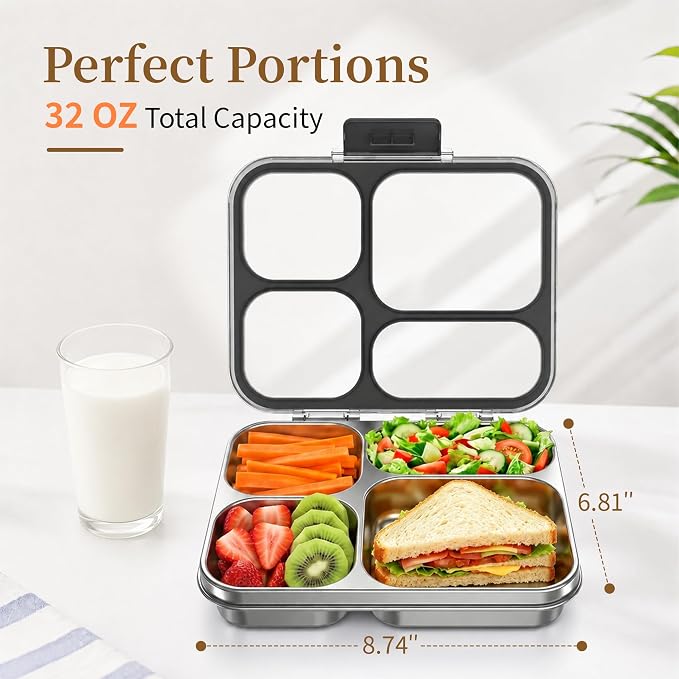 Stainless Steel Lunch Box for Kids, Leakproof 4 Compartment Kids Bento Lunch Box with Clear Lid, BPA-Free Steel Lunch Box Containers for School Travel (Black)