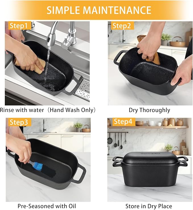 3.6 QT Cast Iron Loaf Bread Pan with Lid, Oval Dutch Oven for Bread Baking | Pre-Seasoned, Even Heat, Easy Release, Heavy-Duty, Oven Mitts & Recipe Book Included