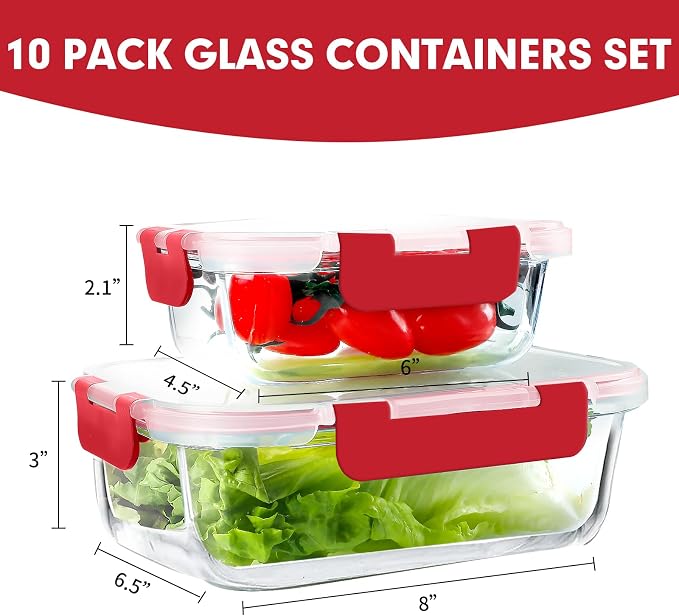 VERONES 10 PACK Glass Meal Prep Containers Set with Lids, Red | Airtight & Stackable Glass Food Storage Containers Set with Lids, for Microwave, Oven, Freezer & Dishwasher Friendly