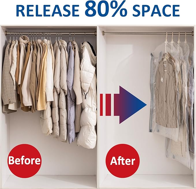 Hanging Vacuum Storage Bags, Space Saver for Clothing, 4 Long with Pump | Vacuum Seal Bags for Clothing with Electric Pump, Hanging Garment Storage for Jackets, Suit, Dresses, Winter Closet Organizer