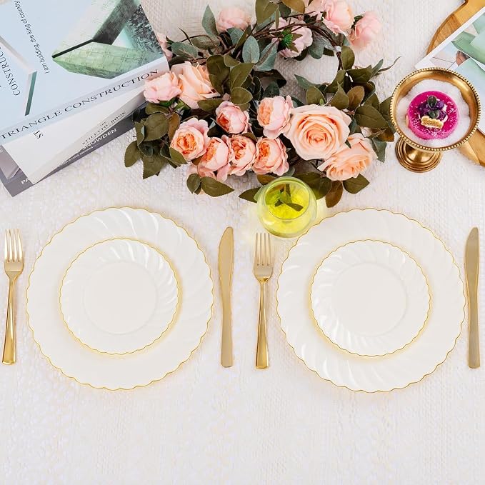 YOUBET 125PCS Ivory Scalloped Plastic Plates for Party Wedding | Cream Scalloped Disposable Plates - Gold Plastic Dinnerware Set Include 50 Plates, 75 Gold Silverware